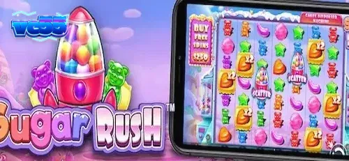 Tampilan visual cerah dan penuh warna dari slot Sugar Rush dengan simbol permen.